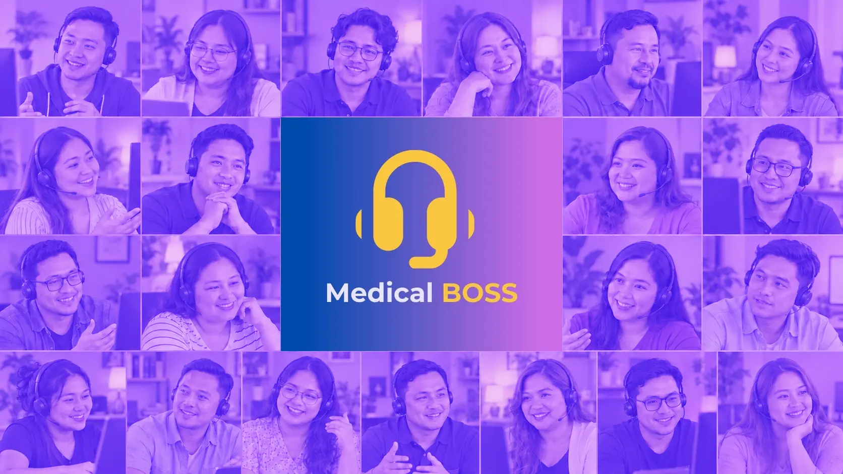 Medical BOSS logo surrounded by purple-tinted illustrative portraits of Filipino virtual assistants wearing headsets